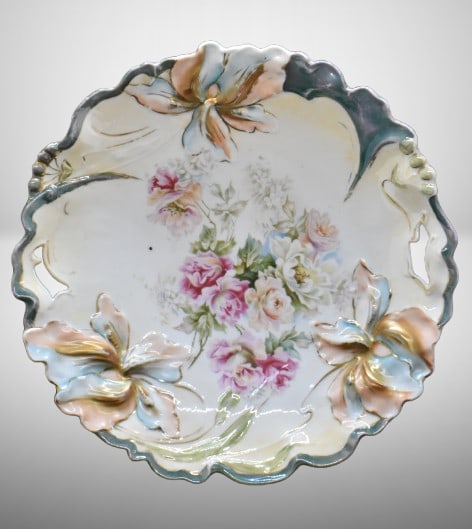 Mrkd. R.S. Germany 10"d cake plate, mixed floral design, Iris mold variation: Mrkd. R.S. Germany 10"d cake plate, mixed floral design, Iris mold variation;