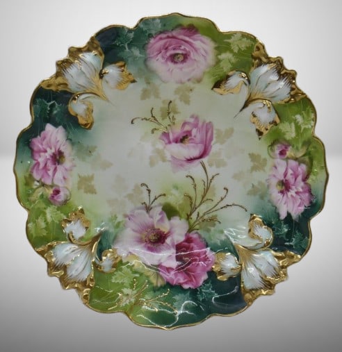 R.S. Prussia Iris Mold 9.5"d plate, pink poppies, red mark: R.S. Prussia Iris Mold 9.5"d plate, pink poppies, red mark; lots of gold accents