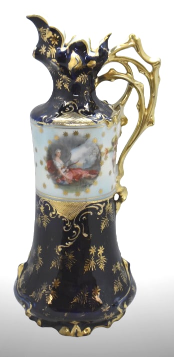Mrkd. Royal Vienna Germany 11" cobalt ewer, Diana the Huntress: Mrkd. Royal Vienna Germany 11" cobalt ewer, Diana the Huntress; RSG Mold