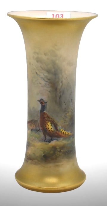 Mrkd. Royal Worcester G923 6" trumpet vase, pheasant and hen: Mrkd. Royal Worcester G923 6" trumpet vase, pheasant and hen; artist signed Stinton