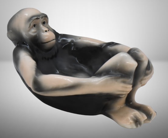 Royal Bayreuth figural Monkey ashtray, blue mark: Royal Bayreuth figural Monkey ashtray, blue mark;