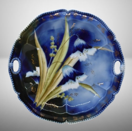 R.S. Prussia Mold 300 10.5"d cobalt cake plate, stylized tulips: R.S. Prussia Mold 300 10.5"d cobalt cake plate, stylized tulips;