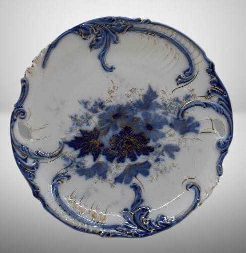 R.S. Steeple Mold 11 9.5"d cobalt cake plate, blue floral design, Steeple Mark 3: R.S. Steeple Mold 11 9.5"d cobalt cake plate, blue floral design, Steeple Mark 3;