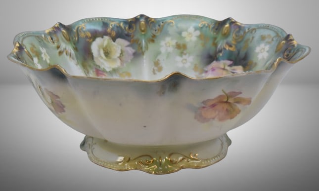 R.S. Prussia 10.5"d pedestal bowl, floral designs on border, red mark: R.S. Prussia 10.5"d pedestal bowl, floral designs on border, red mark;