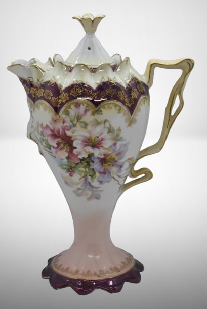 Mrkd. R.S. Germany 10"h chocolate pot (R.S. Steeple Mold 12), mixed flowers, RS Steeple Mark 5: Mrkd. R.S. Germany 10"h chocolate pot (R.S. Steeple Mold 12), mixed flowers, RS Steeple Mark 5;