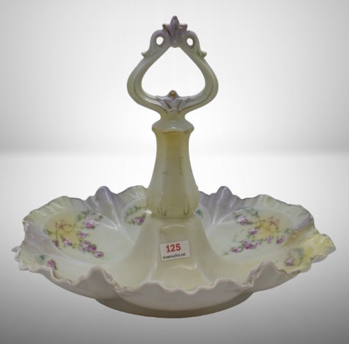 R.S. Prussia 10"d serving dish w/ center handle, garlands of dainty pink roses, red mark: R.S. Prussia 10"d serving dish w/ center handle, garlands of dainty pink roses, red mark;