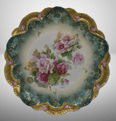 R.S. Prussia Mold 329 11"d bowl, pink roses, heavy gold border finish, red mark: R.S. Prussia Mold 329 11"d bowl, pink roses, heavy gold border finish, red mark;