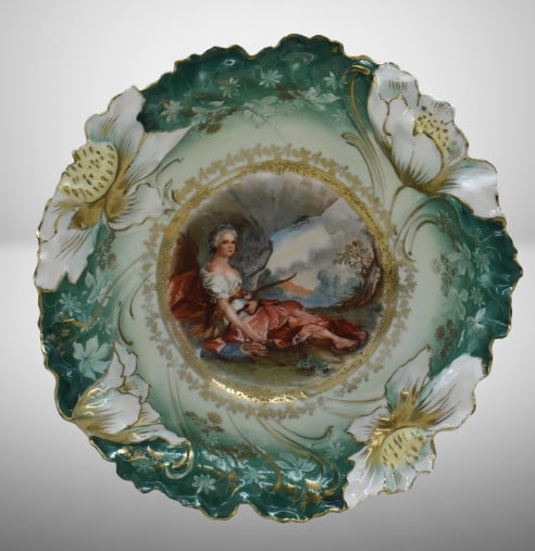 R.S. Prussia 10.5"d bowl, Diana the Huntress, circle mold mark: R.S. Prussia 10.5"d bowl, Diana the Huntress, circle mold mark; ornate floral border mold