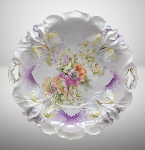 R.S. Prussia Iris Mold 11"d cake plate, mixed flowers, red mark: R.S. Prussia Iris Mold 11"d cake plate, mixed flowers, red mark; nice lavender shading