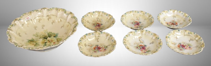 Mrkd. R.S. Germany Steeple 7 pc. berry set, mixed flowers, Steeple Mark 3: Mrkd. R.S. Germany Steeple 7 pc. berry set, mixed flowers, Steeple Mark 3 ; 10.5"d master and 5.5" small bowls
