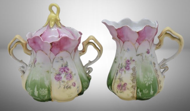R.S. Prussia Mold 502 creamer and cov. sugar set, dainty flowers overall: R.S. Prussia Mold 502 creamer and cov. sugar set, dainty flowers overall;