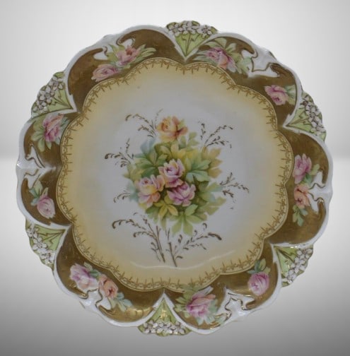 R.S. Prussia 9.5"d bowl, Steeple Mold 5, cluster of pink roses, circle mold mark: R.S. Prussia 9.5"d bowl, Steeple Mold 5, cluster of pink roses, circle mold mark; heavy gold inner border