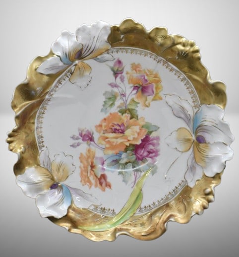 R.S. Prussia (Steeple Mold 6) 10.5"d bowl, orangish and pink roses, circle mold mark: R.S. Prussia (Steeple Mold 6) 10.5"d bowl, orangish and pink roses, circle mold mark; nice gold border