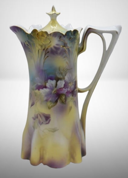 R.S. Prussia Mold 517 10.5"h chocolate pot, lilac clematis: R.S. Prussia Mold 517 10.5"h chocolate pot, lilac clematis;