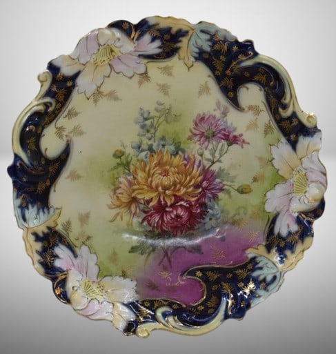Mrkd. Germany Saxe Altenburg 10"d bowl, Chrysanthemums, floral and cobalt border: Mrkd. Germany Saxe Altenburg 10"d bowl, Chrysanthemums, floral and cobalt border;