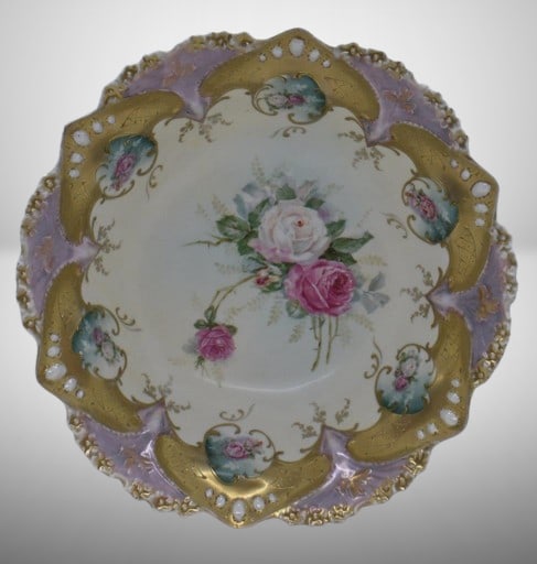R.S. Prussia Mold 82 10.5"d bowl, pink and white roses, red mark: R.S. Prussia Mold 82 10.5"d bowl, pink and white roses, red mark; great gold and lavender finish on border