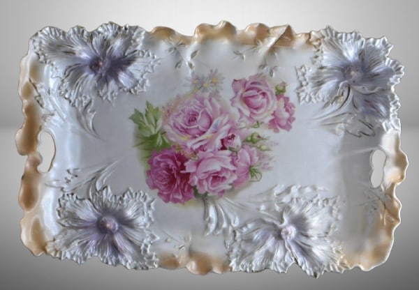 R.S. Prussia Carnation Mold dresser tray, 11.5" x 7.5", pink roses, red mark: R.S. Prussia Carnation Mold dresser tray, 11.5" x 7.5", pink roses, red mark;