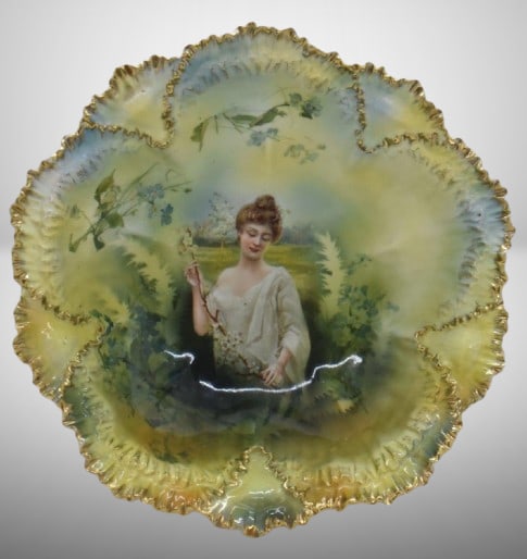 R.S. Prussia 10"d bowl featuring Spring season portrait, unusual mold: R.S. Prussia 10"d bowl featuring Spring season portrait, unusual mold;