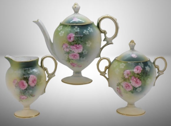 R.S. Prussia Mold 601 3 pc. tea set, pink roses, red mark: R.S. Prussia Mold 601 3 pc. tea set, pink roses, red mark;