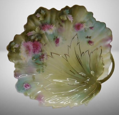 R.S. Prussia leaf-shaped 11"d dish, pink flowers, red mark: R.S. Prussia leaf-shaped 11"d dish, pink flowers, red mark;