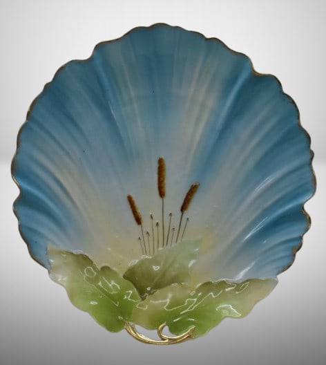 Mrkd. R.S. Germany (Steeple mark) leaf-shaped dish, cattails: Mrkd. R.S. Germany (Steeple mark) leaf-shaped dish, cattails;