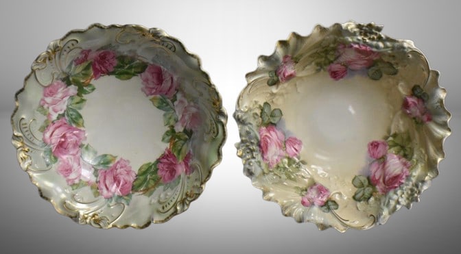 (2) Handpainted porcelain 10.5"d bowls w/ large pink roses: 1-mrkd. Royal Bayreuth; 1 w/ circle mold: (2) Handpainted porcelain 10.5"d bowls w/ large pink roses: 1-mrkd. Royal Bayreuth; 1 w/ circle mold mark;