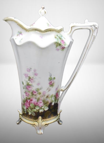 R.S. Prussia Mold 704 9.5"h chocolate pot, dainty pink roses, red mark: R.S. Prussia Mold 704 9.5"h chocolate pot, dainty pink roses, red mark; dbl. mark w/ Royal Vienna