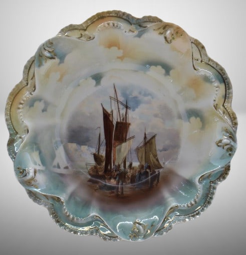 R.S. Prussia Mold 329 10.5"d bowl, Masted Schooner, red mark: R.S. Prussia Mold 329 10.5"d bowl, Masted Schooner, red mark;
