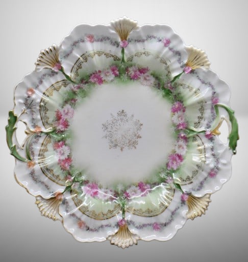 R.S. Prussia Mold 108 11"d cake plate, pink flowers, circle mold mark: R.S. Prussia Mold 108 11"d cake plate, pink flowers, circle mold mark;