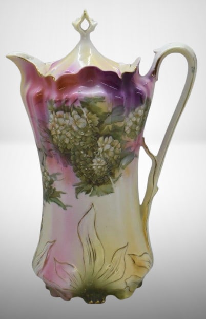 R.S. Prussia Mold 703a 9.75"h chocolate pot, Snowballs: R.S. Prussia Mold 703a 9.75"h chocolate pot, Snowballs; pretty pastels finish