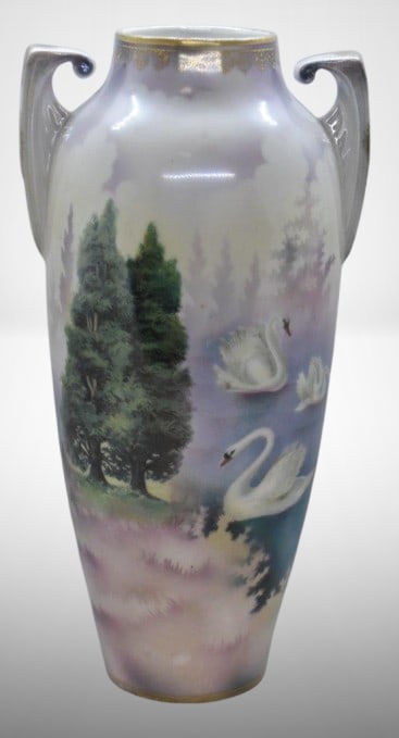 R.S. Prussia 11.5" vase, Swans on Lake/ Evergreens: R.S. Prussia 11.5" vase, Swans on Lake/ Evergreens;