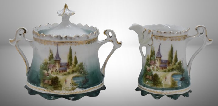 R.S. Prussia Mold 576 creamer and sugar set, Castle scene, red mark: R.S. Prussia Mold 576 creamer and sugar set, Castle scene, red mark;