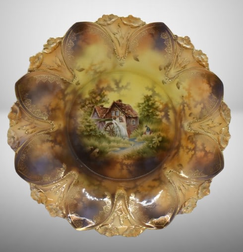 R.S. Prussia Mold 110 10"d bowl, Mill scene: R.S. Prussia Mold 110 10"d bowl, Mill scene;