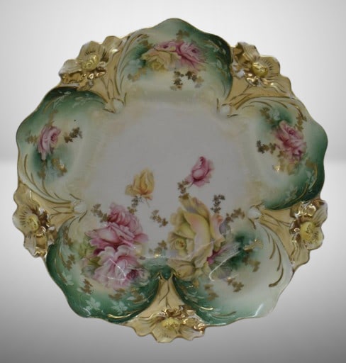R.S. Prussia Lily Mold 10.5"d bowl, pink and yellow roses: R.S. Prussia Lily Mold 10.5"d bowl, pink and yellow roses;