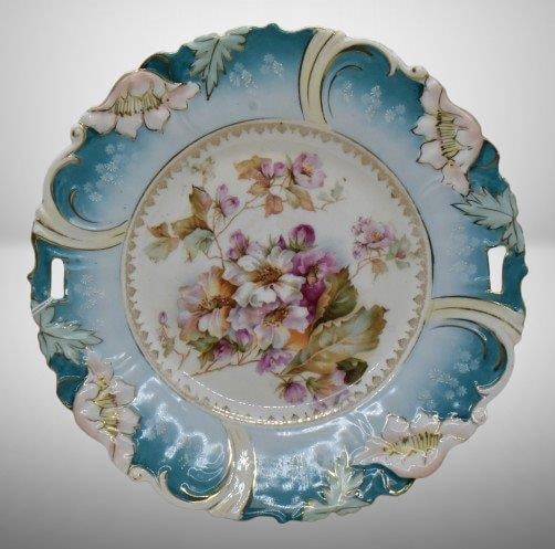 Mrkd. R.S. Germany Steeple Mold 3 10.5"d cake plate, floral design, Steeple Mark 3: Mrkd. R.S. Germany Steeple Mold 3 10.5"d cake plate, floral design, Steeple Mark 3;