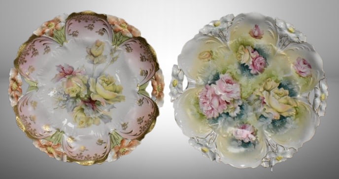 (2) R.S. Prussia Lily Mold 10.25"d cake plates, roses, circle mold mark: (2) R.S. Prussia Lily Mold 10.25"d cake plates, roses, circle mold mark; both have pretty coloring