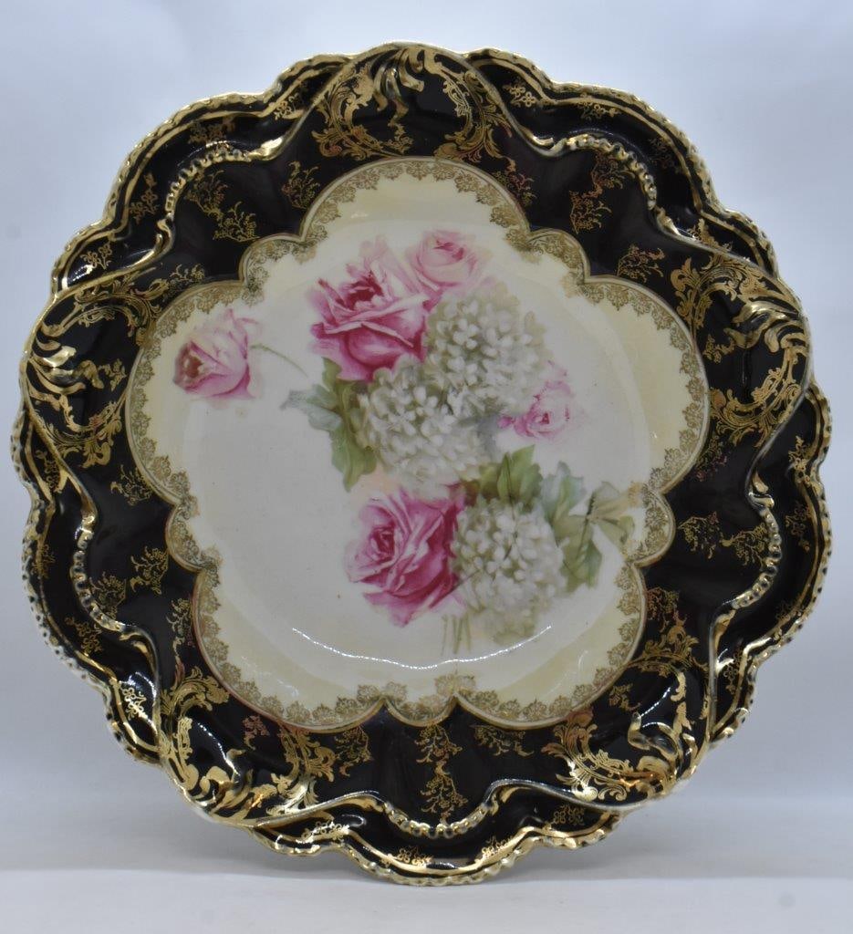 R.S. Prussia Mold 329 10.5"d bowl, pink roses and snowballs, wide black border, red mark: R.S. Prussia Mold 329 10.5"d bowl, pink roses and snowballs, wide black border, red mark; heavy gold detailing