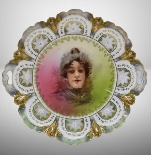 R.S. Prussia Mold 256 11.5" cake plate featuring Flossie portrait: R.S. Prussia Mold 256 11.5" cake plate featuring Flossie portrait;