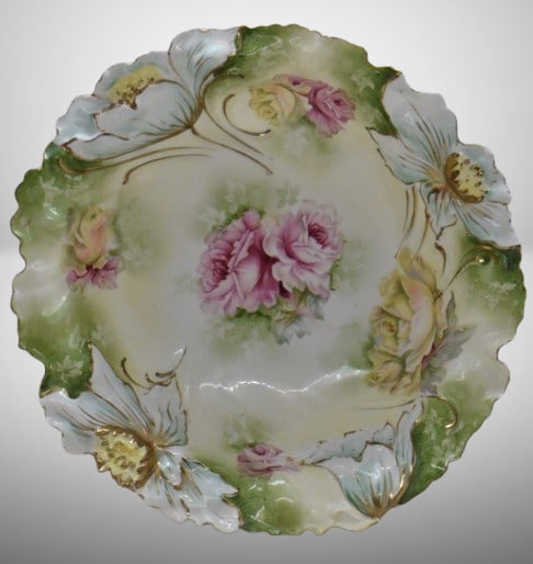 R.S. Prussia 10"d bowl, pink and yellow roses, floral mold border, circle mold mark: R.S. Prussia 10"d bowl, pink and yellow roses, floral mold border, circle mold mark;