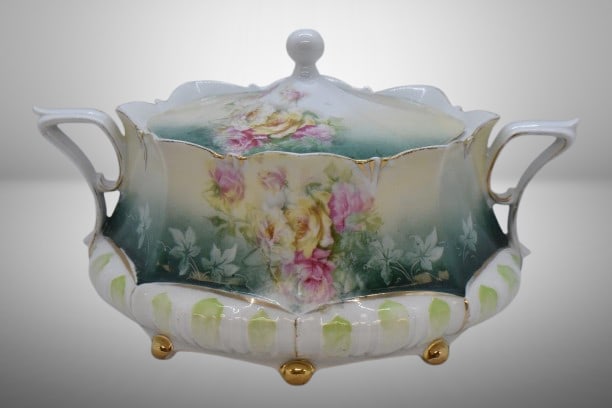 R.S. Prussia Mold 632 biscuit/ cracker jar, multi-colored roses, red mark: R.S. Prussia Mold 632 biscuit/ cracker jar, multi-colored roses, red mark;