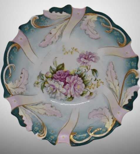 Handpainted porcelain 10"d bowl, pink and white open blossoms, scroll and leaf border mold: Handpainted porcelain 10"d bowl, pink and white open blossoms, scroll and leaf border mold;