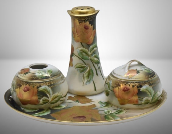 Mrkd. R.S. Germany dresser/ vanity set, large goldish roses/ dark green leaves: Mrkd. R.S. Germany dresser/ vanity set, large goldish roses/ dark green leaves; hat pin holder; hair receiver; powder dish and tray