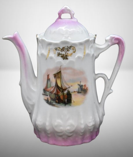 Mrkd. Made in Germany 6.5"h child's coffee pot, Dutch windmill and sailboats: Mrkd. Made in Germany 6.5"h child's coffee pot, Dutch windmill and sailboats;