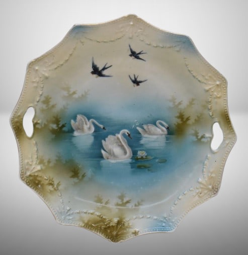 R.S. Prussia Mold 155 9.5"d cake plate, Swans on Lake w/ Swallows, red mark: R.S. Prussia Mold 155 9.5"d cake plate, Swans on Lake w/ Swallows, red mark;