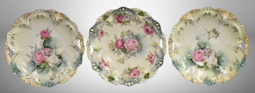 (3) R.S. Prussia Mold 82 cake plates, 9.5"d, Roses, red marks: (3) R.S. Prussia Mold 82 cake plates, 9.5"d, Roses, red marks;