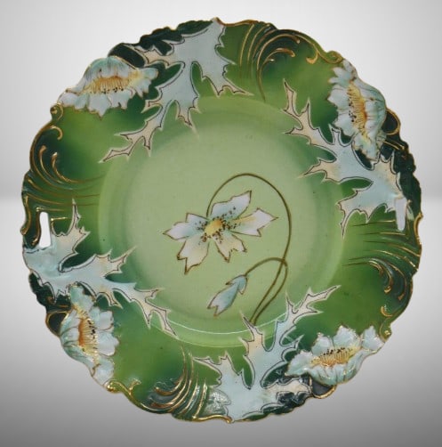 Mrkd. Germany Saxe Altenburg 10.5"d cake plate, floral design on green tones: Mrkd. Germany Saxe Altenburg 10.5"d cake plate, floral design on green tones;