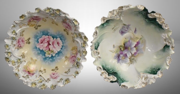 (2) R.S. Prussia Mold 57 10.5"d bowls: 1-pink roses; 1-lilac Clematis, circle mold marks: (2) R.S. Prussia Mold 57 10.5"d bowls: 1-pink roses; 1-lilac Clematis, circle mold marks;
