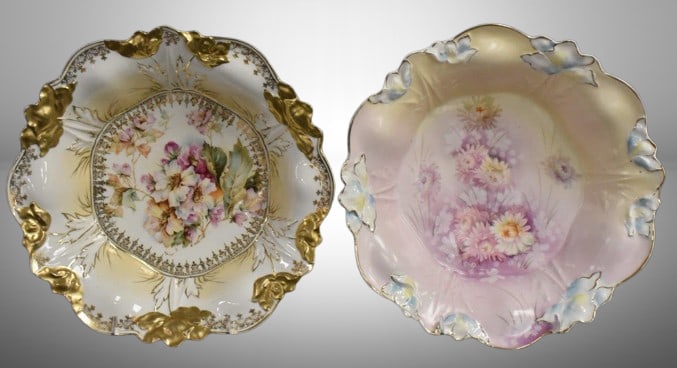 (2) R.S. Prussia 10"d bowls, Steeple Mold 2, floral decorations, circle mold marks: (2) R.S. Prussia 10"d bowls, Steeple Mold 2, floral decorations, circle mold marks;