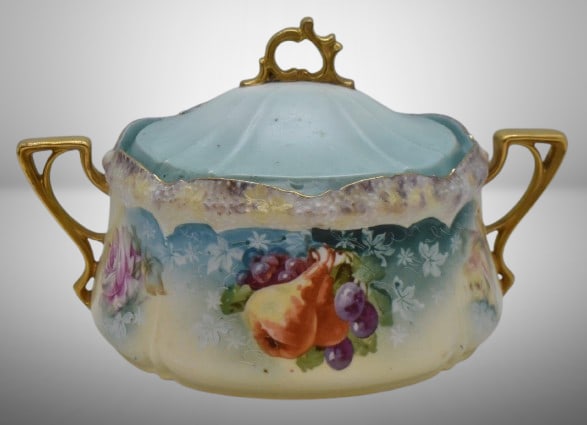 R.S. Prussia Stippled Floral Mold 6"h biscuit/ cracker jar, Fruit and Roses, red mark: R.S. Prussia Stippled Floral Mold 6"h biscuit/ cracker jar, Fruit and Roses, red mark;