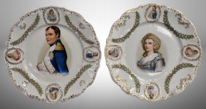 (2) Handpainted porcelain 8"d plates featuring portraits - Hortense, Napoleon, etc.: (2) Handpainted porcelain 8"d plates featuring portraits - Hortense, Napoleon, etc.;